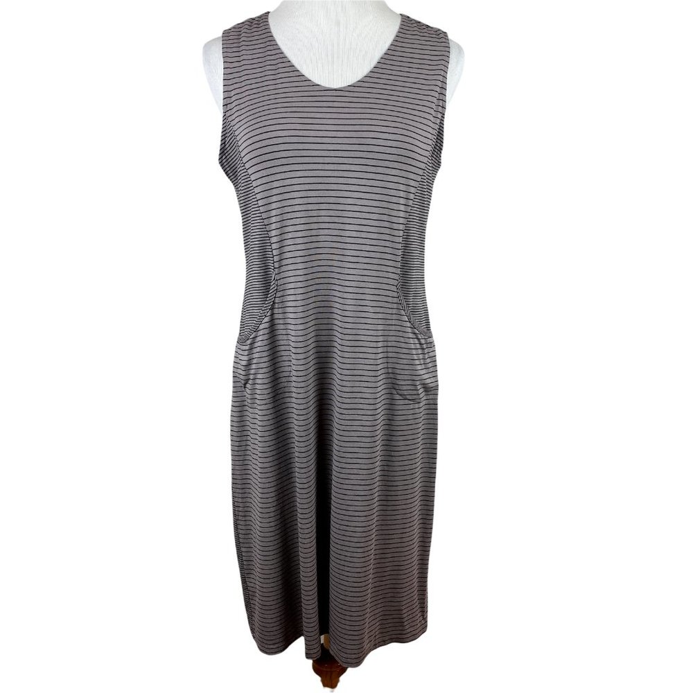 Habitat Dress Small Gray Black‎ Stripe Pockets Stretch Knit Sleeveless Tank Knee